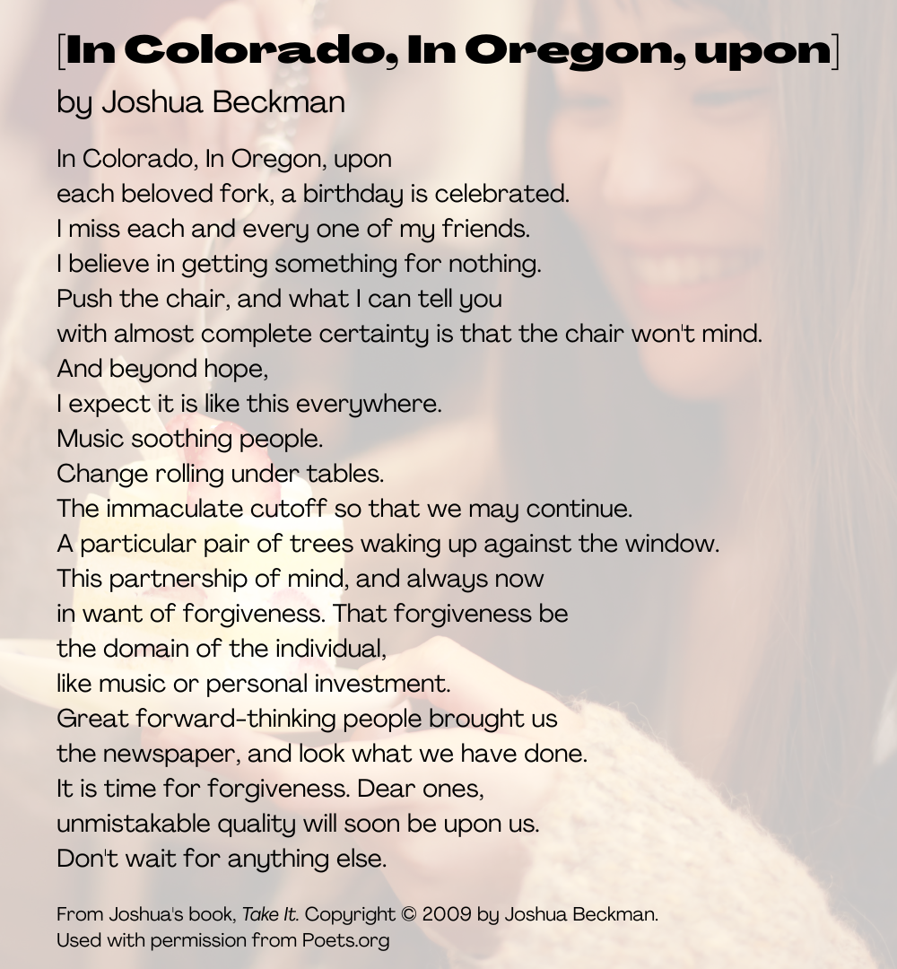 Photo of an Asian woman smiling widely & digging into a piece of cake with white icing & a strawberry. The poem is here: https://poets.org/poem/colorado-oregon-upon
