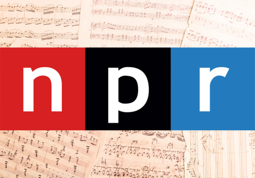 Red, black and blue blocks with white NPR letters on a background of classical music pages